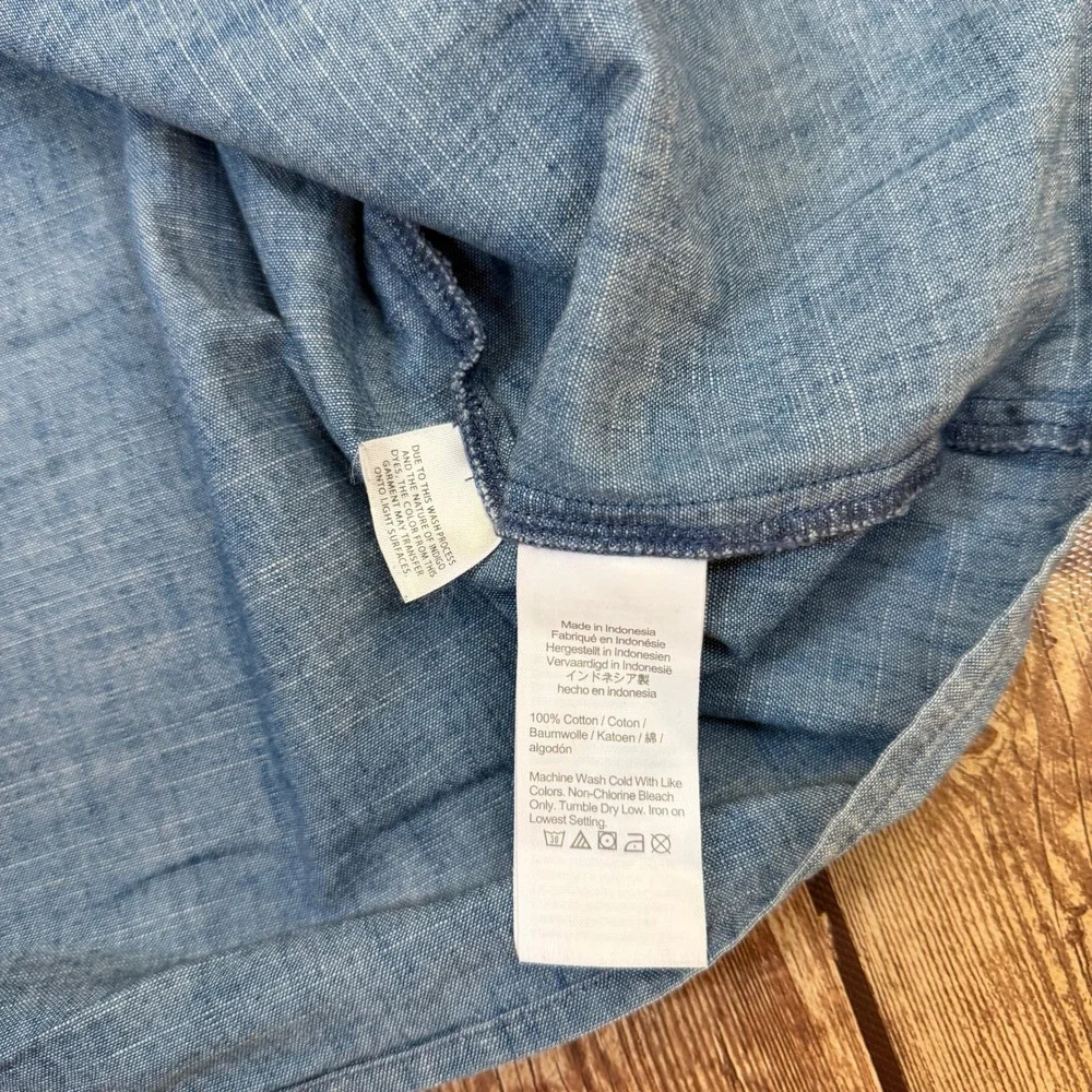 J.Crew V-Neck Puff Sleeve Blouse Womens Large Blue Chambray Cotton Top